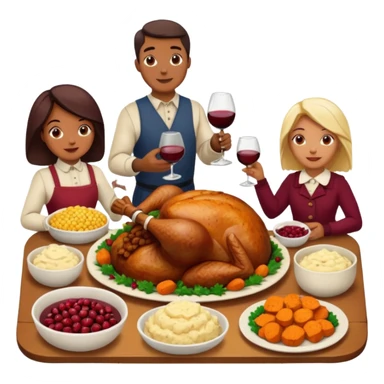 Thanksgiving Dinner with 10 people of different skin color around the table; have the food be a cooked turkey, mashed potatoes, corn, a basket of biscuits, a small bowl of cranberry sauce, baked yams, steamed vegetables, and a bottle of wine. sticker