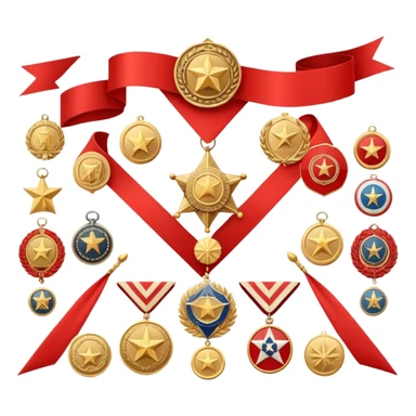 Icon for Collecting Orders, Medals & Badges: a variety of vintage orders, medals and badges, displayed neatly on a big red pennant or in a display case. The icon should reflect the honor and historical significance of these collectible items. Transparent background. sticker