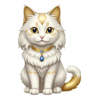 Fancy white fluffy long-haired sophisticated elegant sitting pet cat with a gold-sapphire collar (full body)  sticker