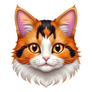 Cinematic Cute Calico Cat Portrait Emoji, Head tilted playfully with sparkling, inquisitive eyes and a charming patchwork fur of orange, black, and white, simplified yet irresistibly adorable, highly detailed, glowing with a warm, inviting glow, high shine, bubbly and affectionate, styled with a touch of whimsical feline charm, soft glowing outline, capturing the essence of a delightfully cute calico cat that looks as if it could prance off the screen into your heart! sticker