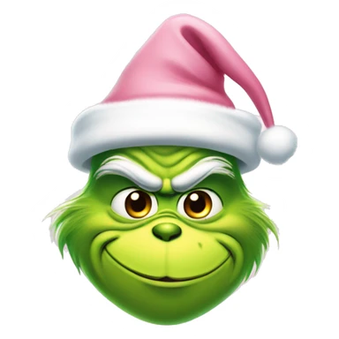 grinch face with a smirk wearing a light pink santa hat sticker