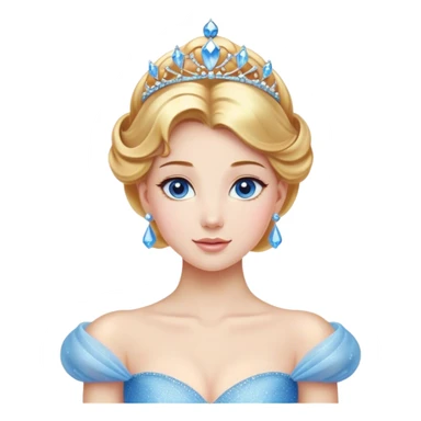 Cinematic Stunning Cinderella Portrait Emoji, Radiant in her sparkling blue ball gown, golden hair in a perfect updo, soft blue eyes full of wonder, glistening tiara, glowing with an ethereal beauty, regal yet kind, a dreamlike aura surrounds her, capturing the essence of a fairy tale princess, elegant and breathtaking! sticker