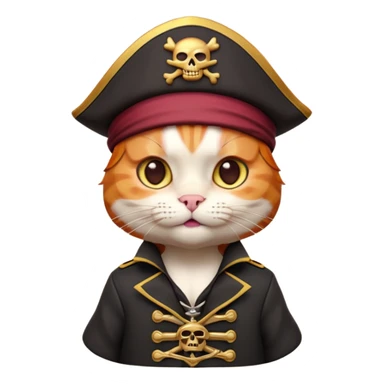 Premium 3D emoji icon of a cute ginger cat pirate, wearing a **burgundy red** pirate hat with a gold skull icon, and a black and gold captain's jacket. Glossy finish, claymorphism style, soft studio lighting, isolated on white background, 8k resolution, stylized professional look --v 6.0 sticker