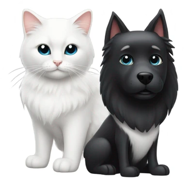 A white cat wearing a pink bow next to a black dog with a black Cowboy hat sticker