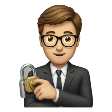 brown-haired classy man wearing glasses struggling to fit a key into a lock sticker