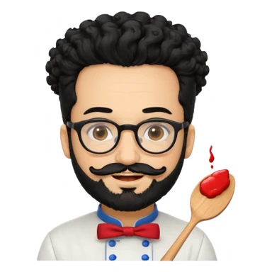 CHEF CON PELO NEGRO RIZO Y BARBA NEGRA, OJOS MARRON OSCURO Y GAFAS DE PASTA NEGRAS. SONRIE Y TIENE MARCAS DE BESOS CON FORMA DE LABIOS EN LAS MEJILLAS (COMO MANCHAS DE PINTALABIOS) sticker