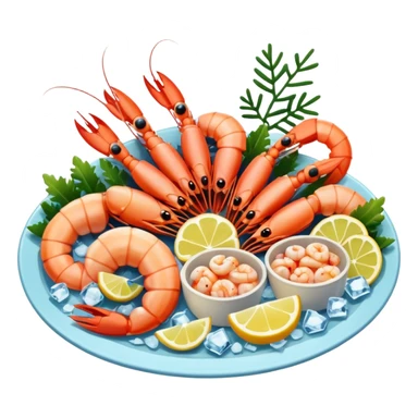 Create a realistic seafood platter with cooked prawns, ice, & garnish. sticker