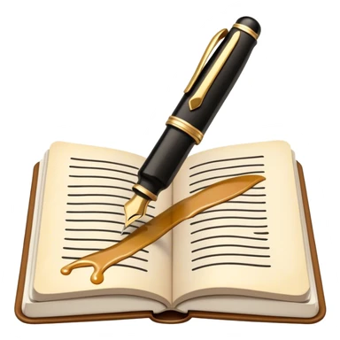 Create a vibrant emoji representing prose writing. The design should feature a classic fountain pen or quill in black, with black ink flowing from it onto an open notebook or paper. The ink should have a smooth, flowing effect to evoke creativity and storytelling. Use warm, earthy tones like brown, gold, and cream for the background elements. The emoji should convey literary elegance and artistic expression. Make the background transparent. sticker