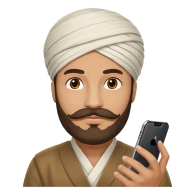 A man wearing imama sharif (traditional turban), with a beard and moustache, using a smartphone. The man looks focused while using the mobile. Realistic emoji-style illustration with soft lighting and warm tone sticker