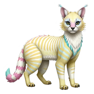 Realistic Colorful tropical tribal pale light fruity pastel white glorious iridescent exotic albino neon vibrant zigzagged fantasy-caracal-civet-genet-sergal-vernid-Gryphon-Cacomistle-Trico-oncilla-animal-Fakémon-hybrid-fursona (full body), facial markings, (realism style) sticker