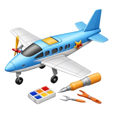 photorealistic icon featuring model-building tools like glue, paint, paintbrushes, pieces of a plastic model airplane in the process of being assembled. The design includes detailed textures of the model pieces and tools, capturing the focus and creativity of model building. Transparent background. sticker