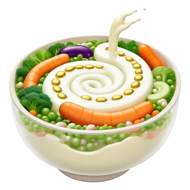 Bowl of glowing white yogurt and colorful fermented vegetables floating around a luminous spiral intestine. Golden bubbles and green particles flow from the intestine, representing beneficial bacteria creating harmony and strengthening immune defenses. sticker