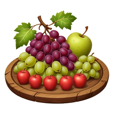 medieval fruit platter object icon, grapes and apples and pears, rustic plate, 3D cartoon, mobile game icon style, clean background, no text, no watermark
 sticker