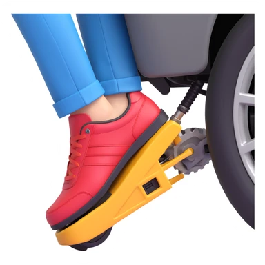 A clean 3D emoji-style illustration of a single right foot pressing down on gas pedal. Only the foot and the pedal are shown, viewed from the side. The pedal is slightly tilted to show pressure. No background, simple colors, minimal details sticker