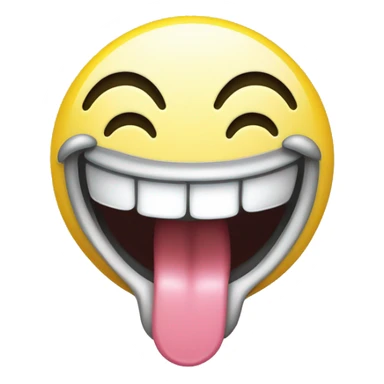 A yellow smiley face emoji grinning with tongue out, making the "horns" gesture with both hands. Eyes closed or squinting with laughter. Transparent background. sticker