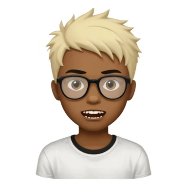 Black Male Teenager with Short punk messy blonde hair, Dark brown bushy eyebrows large expressive golden-brown eyes, wearing a plain white t-shirt, wearing thick black glasses, Dark Brown skin color. Showing off his singular vampire tooth sticker