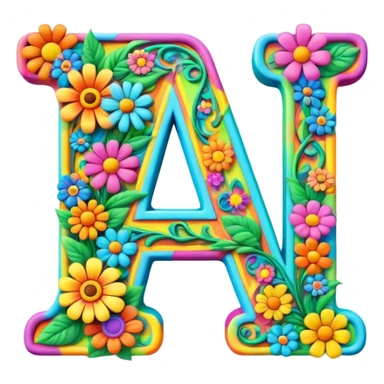 3D style, psychedelic colored Letter A with hippie style flower border sticker