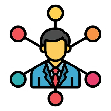 network marketing professional, modern business style, person in suit with network nodes and connections, vibrant colors, clean lines sticker