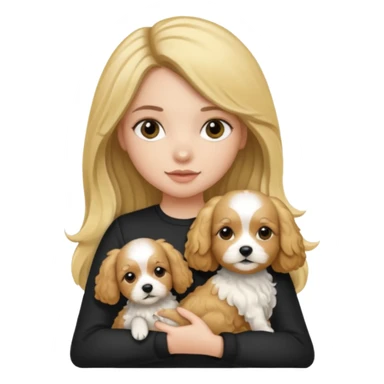 Make a girl with brunette/black straight long hair holding a blonde cavapoo dog sticker