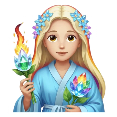 a being made of light pleidian nordic long faces but beautiful features of light with a robe on made of light and who is lanky holding a bouquet of crystal flowers on rainbow fire sticker