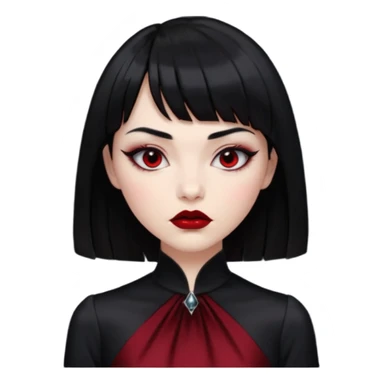 “Emoji girl, porcelain skin, sharp eyeliner, vampy deep red lips, straight jet-black hair with bangs, intense eyes, wearing black silk dress.” sticker