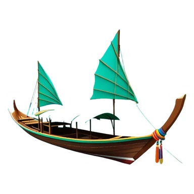 ​Cinematic Realistic Authentic Thai Longtail Boat, depicted as a traditional wooden longtail boat with a sleek, elongated hull and a brightly painted canopy, its long tail fin cutting gracefully through turquoise waters under a clear tropical sky, rendered with vibrant textures and dynamic natural lighting that captures its rustic charm and cultural heritage, sticker