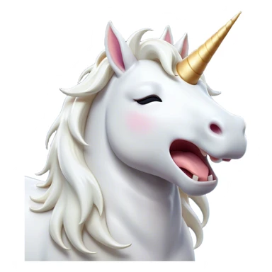 Cinematic Cute Yawning White Unicorn Portrait Emoji, Head tilted slightly with a dramatic, wide-open yawn, showcasing a softly elegant form with a gently cascading mane, a subtly glowing horn and sleepy, half-closed eyes, Simplified yet irresistibly adorable features, highly detailed, glowing with a soft, cozy magical glow, high shine, relaxed yet expressive, stylized with a dash of whimsical enchantment, soft glowing outline, capturing the essence of a drowsy yet affectionate white unicorn that appears ready to stretch and yawn its way out of the screen! sticker