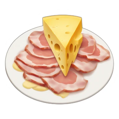 A big Melting raclette cheese in a plate with a little piece of ham and 4 potatoes  sticker