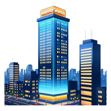 A 3D cartoon city billboard mounted on a tall building, glowing lights at dusk, realistic reflections, Memoji-style. sticker