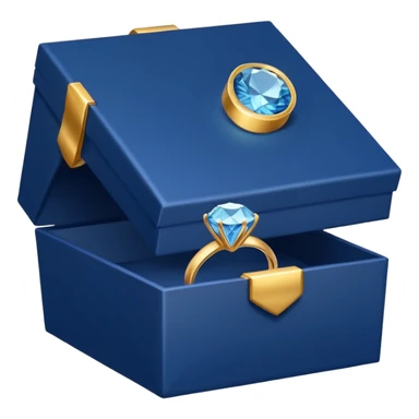 A dark blue gift box for jewelry containing a gold ring with a diamond sticker