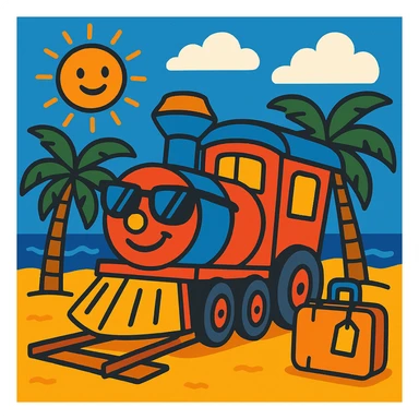 a train on vacation, playful and whimsical style, vibrant toon, bright colors, fun and lively sticker