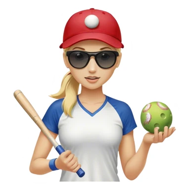 Woman with blond hair in a ponytail wearing a baseball cap and sunglasses holding only one pickleball sticker