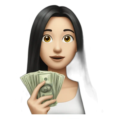 hyperrealist caucasian girl black long hair holding money sticker