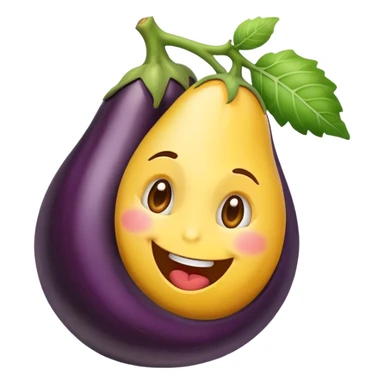 Un emoji heureux qui passe sa langue de droite à gauche avec une aubergine à côté  de lui avec une tête ronde  sticker