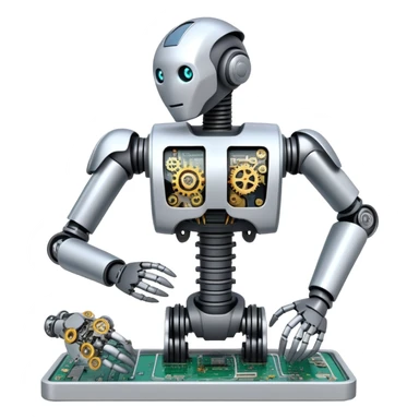An icon featuring a humanoid robot assembling parts with mechanical arms, a circuit board in its chest, and a conveyor belt in the background. The design includes gears, sensors, and a robotic claw, symbolizing robotics innovation and automation. Transparent background sticker