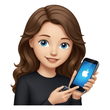 generate a pretty woman with blue eyes, light skin and long and really wavy shiny medium brown hair holding a phone while looking down at the screen. she is wearing an ALL black long sleeve. she is smiling sticker