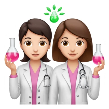 cientificas con blusa rosa y bata blanca felices, una chica con pelo marrón y otra chica con pelo negro sticker