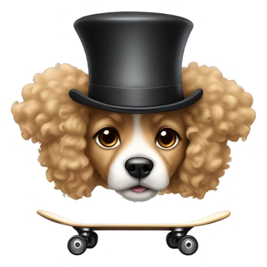  dog with light tan curly short fur, very very long ears down. dark brown eyes, mouth closed. wearing a top hat on a skateboard sticker