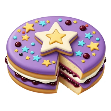 a pastel purple sandwich cookie with soft crumbly texture, a star-shaped jam cutout in the center showing glossy dark berry filling, and creamy filling with colorful sprinkles.  sticker