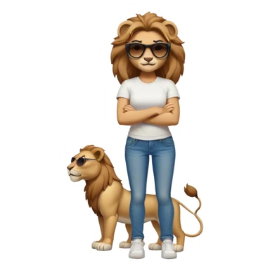 friendly anthropomorphised female lion, full body, standing confidently with legs shoulder width apart, arms folded, wearing jeans, white t-shirt, dark sunglasses, trainers, determined expression sticker