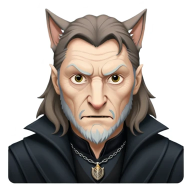Fenrir Greyback in harry potter, black open chest coat, wolf face, pointed ear sticker