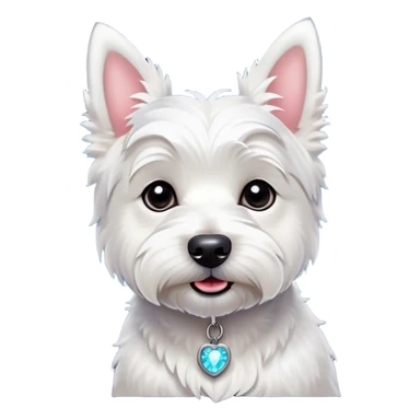 Cinematic Cute West Highland White Terrier Portrait Emoji, Head tilted playfully and inquisitively, featuring a fluffy, immaculate white coat with perky ears, round, sparkling dark eyes filled with curiosity, Simplified yet irresistibly adorable features, highly detailed, glowing with a warm, friendly glow, high shine, affectionate and lively, stylized with a touch of whimsy, bright and endearing, soft glowing outline, capturing the essence of a mischievous yet loving pup, so playful it feels like it could bound out of the screen and into your arms! sticker