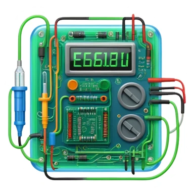 An icon featuring circuit boards, glowing wires, and a multimeter, symbolizing electrical engineering. The design includes voltage symbols and electric currents flowing through components, representing the study and application of electricity. Transparent background sticker