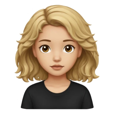 Light skinned girl with dirty blonde wavy hair and deep brown eyes and a black square shirt sticker