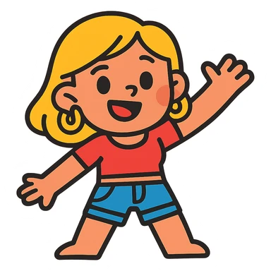 cute character with blonde hair, gold hoop earrings, a crop top, and jean shorts, smiling, vibrant toon style, colorful, cheerful sticker