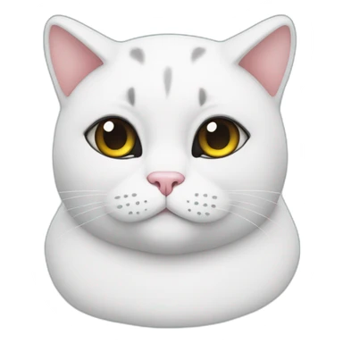 White fat cat with black patch on head and sticker