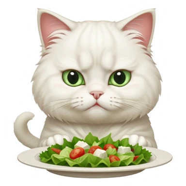 grumpy white cat sitting at a table, looking confused with its ears slightly back. In front of the cat is a plate with a salad with mouth a little open, and disagreement in the cat's face sticker
