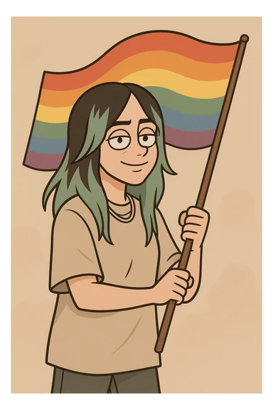 Billie Eilish holding a pride flag, cartoon style, no text sticker