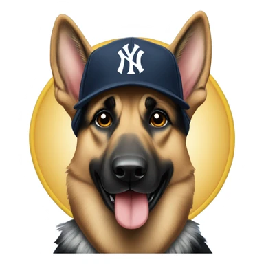 German shepherd wearing a Yankees hat sticker