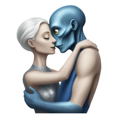 White man in blue dress  hugs and kissing Alien reptilian woman in silver dress  sticker